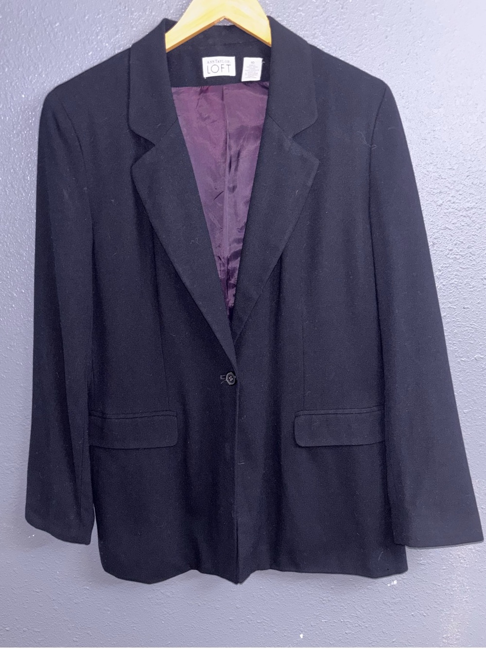 Ann Taylor LOFT Black Wool Blazer with Purple Lining